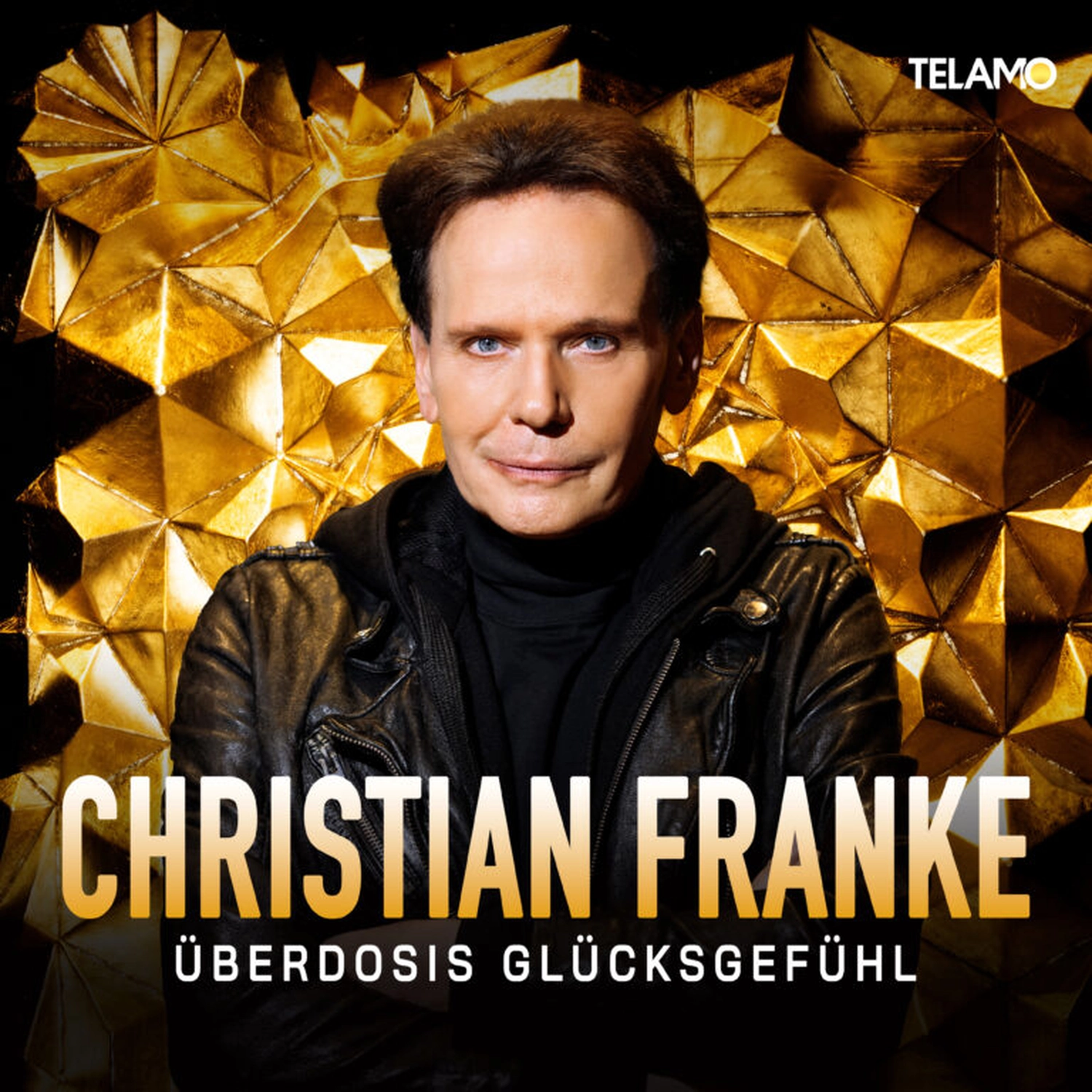 CF Christian Franke - Musiker - Porträt von Christian Franke in schwarzer Lederjacke und Rollkragenpullover vor goldenem geometrischem Hintergrund, mit Text „Christian Franke Überdosis Glücksgefühl“